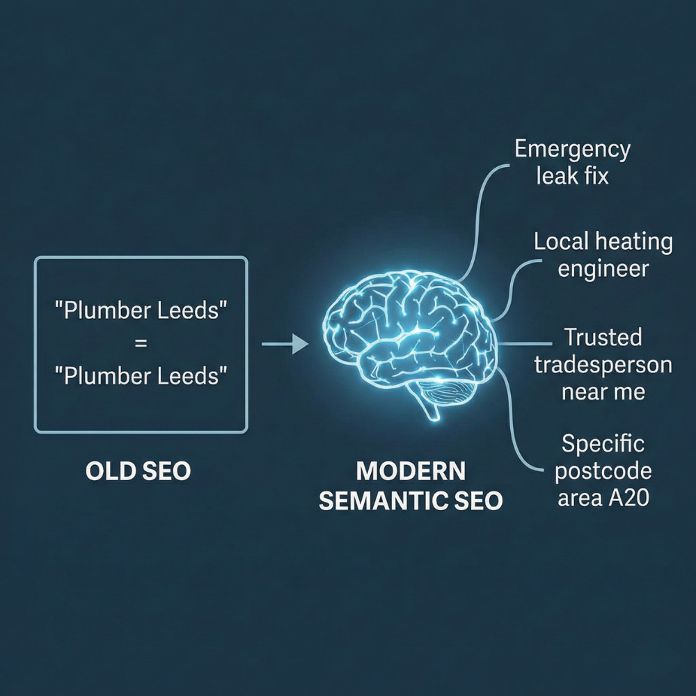 Local industry search for local SEO Services. Modern Semantic SEO. Infographic of brain and user intent flow